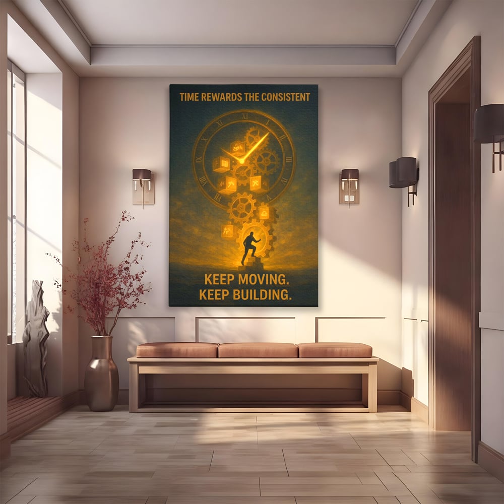 Tablou canvas cu ilustratie motivationala cu ceas si angrenaje, fara rama, pe sasiu de lemn